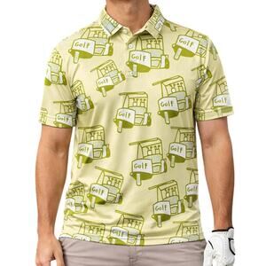 SOSIK Golf Cart Print Polo Shirt Men’s Small Yellow Funny Golf Top